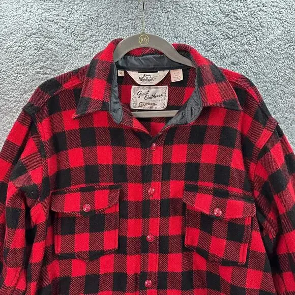 Vintage 80's Woolrich Men's XL Wool Blend Red Black Buffalo Plaid Shirt Style 93 - Picture 2 of 9